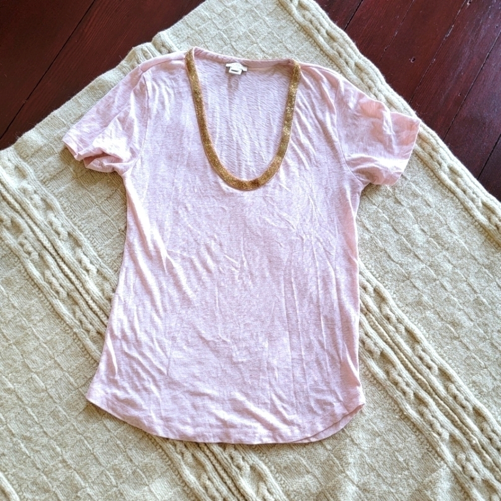 J Crew Slub Knit Ballerina Pink Beaded Neckline T-shirt size Small